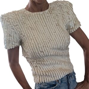 Vintage E. Haas & Co Sequin Wool Top Open Back Puff Sleeve Cream Rare Find Sze M